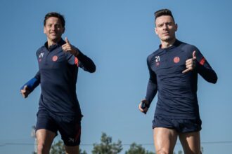 Tripichio y Braida en una de las prácticas previas a la semifinal con Platense