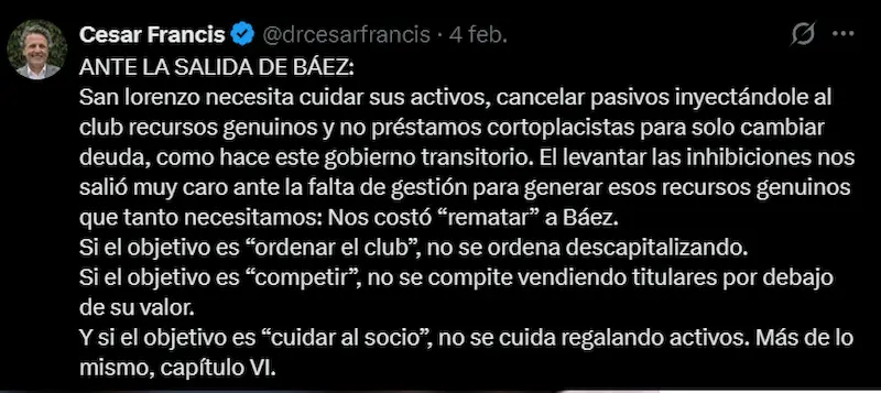 Francis criticó a Costantino por la venta de Báez y la deuda con Tinelli 2 critica francis costantino venta baez