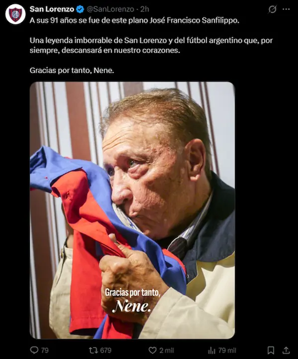 murio jose sanfilippo mensaje san lorenzo