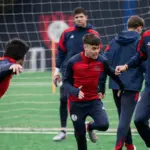 Matías Reali y Rodrigo Auzmendi en la práctica de San Lorenzo previa a Lanús