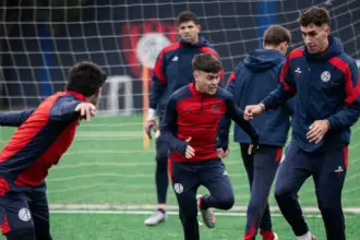 Matías Reali y Rodrigo Auzmendi en la práctica de San Lorenzo previa a Lanús