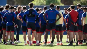 Insua y los jugadores reunidos en la cancha auxiliar de la Ciudad Deportiva